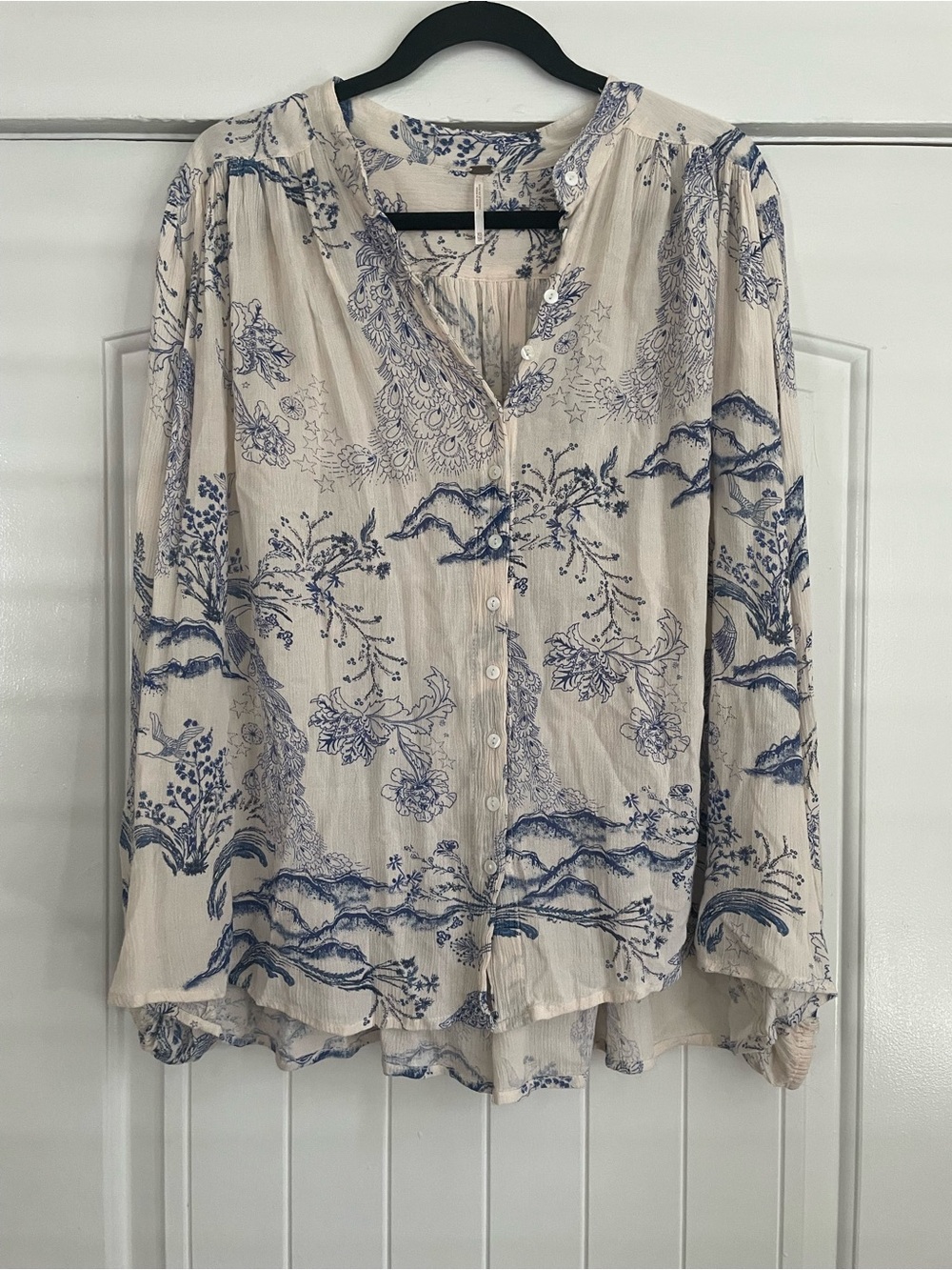 Free People Cream Blouse with Blue Peacock Print